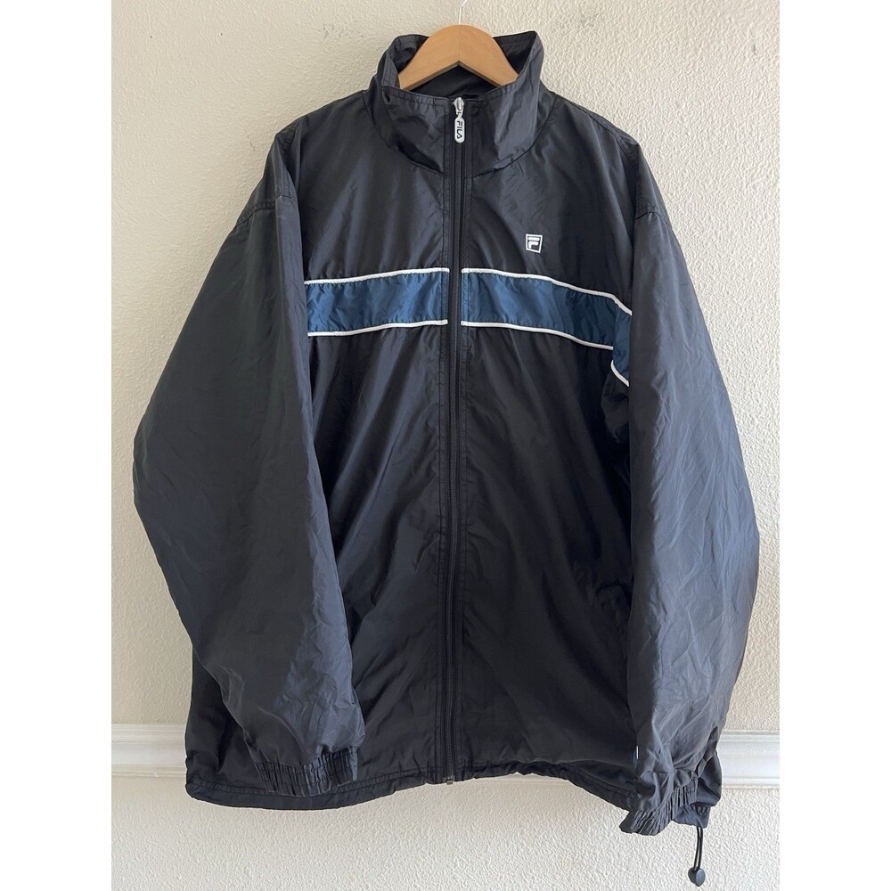 FILA Mens XXL Black Navy Blue Stripe Nylon Track Windbreaker Jacket Retro